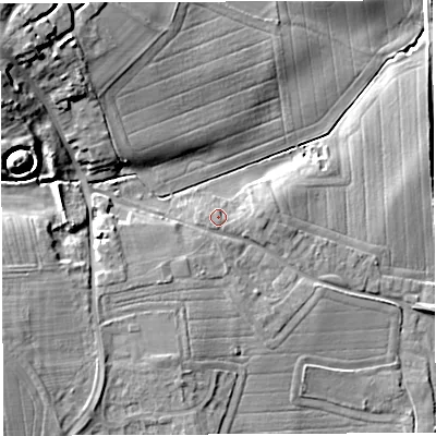 Shaded relief map of the ground around TF93JD, computed from Environment Agency LiDAR. The ground here sits at about 79 m above sea level and falls 27 m across the surrounding 800 m. Surface water reaching this point runs off ground lying to the south, 1.8 m higher.