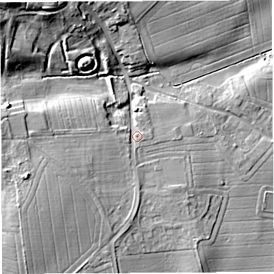 Shaded relief map of the ground around TF93NS, computed from Environment Agency LiDAR. The ground here sits at about 83 m above sea level and falls 28 m across the surrounding 800 m. Surface water reaching this point runs off ground lying to the west, 7.2 m higher.
