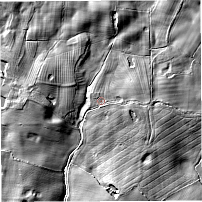 Shaded relief map of the ground around TF93RW, computed from Environment Agency LiDAR. The ground here sits at about 87 m above sea level and falls 11 m across the surrounding 800 m. Surface water reaching this point runs off ground lying to the east-south-east, 1.9 m higher.