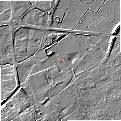 Shaded relief map of the ground around TF93SJ, computed from Environment Agency LiDAR. The ground here sits at about 89 m above sea level and falls 13 m across the surrounding 800 m. Surface water reaching this point runs off ground lying to the south-south-west, 5.7 m higher.