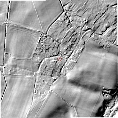 Shaded relief map of the ground around TF94AT, computed from Environment Agency LiDAR. The ground here sits at about 105 m above sea level and falls 18 m across the surrounding 800 m. Surface water reaching this point runs off ground lying to the north-north-west, 6.5 m higher.