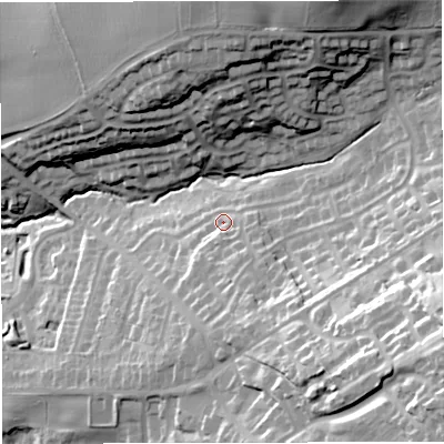 Shaded relief map of the ground around TF94DE, computed from Environment Agency LiDAR. The ground here sits at about 188 m above sea level and falls 54 m across the surrounding 800 m. Surface water reaching this point runs off ground lying to the south-east, 16.0 m higher.