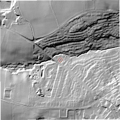 Shaded relief map of the ground around TF94EY, computed from Environment Agency LiDAR. The ground here sits at about 178 m above sea level and falls 54 m across the surrounding 800 m. Surface water reaching this point runs off ground lying to the north-east, 37.5 m higher.
