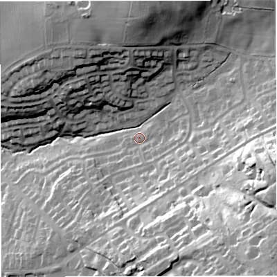 Shaded relief map of the ground around TF94HB, computed from Environment Agency LiDAR. The ground here sits at about 191 m above sea level and falls 58 m across the surrounding 800 m. Surface water reaching this point runs off ground lying to the east-south-east, 15.3 m higher.