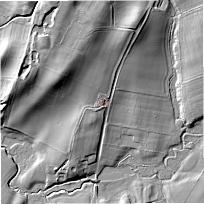 Shaded relief map of the ground around TF94HF, computed from Environment Agency LiDAR. The ground here sits at about 112 m above sea level and falls 22 m across the surrounding 800 m. Surface water reaching this point runs off ground lying to the north, 10.7 m higher.