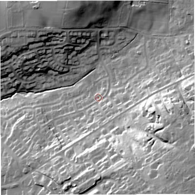 Shaded relief map of the ground around TF94RA, computed from Environment Agency LiDAR. The ground here sits at about 195 m above sea level and falls 57 m across the surrounding 800 m. Surface water reaching this point runs off ground lying to the east-south-east, 10.7 m higher.