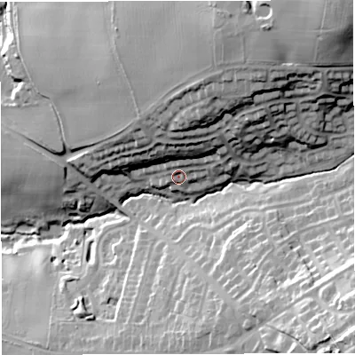 Shaded relief map of the ground around TF94RW, computed from Environment Agency LiDAR. The ground here sits at about 184 m above sea level and falls 58 m across the surrounding 800 m. Surface water reaching this point runs off ground lying to the north-north-east, 13.5 m higher.