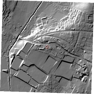 Shaded relief map of the ground around TN103AD, computed from Environment Agency LiDAR. The ground here sits at about 38 m above sea level and falls 24 m across the surrounding 800 m. Surface water reaching this point runs off ground lying to the north-east, 3.2 m higher.