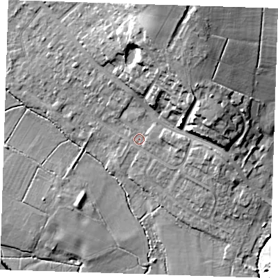 Shaded relief map of the ground around TN103AP, computed from Environment Agency LiDAR. The ground here sits at about 24 m above sea level and falls 17 m across the surrounding 800 m. Surface water reaching this point runs off ground lying to the east, 3.1 m higher.
