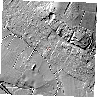 Shaded relief map of the ground around TN103AR, computed from Environment Agency LiDAR. The ground here sits at about 24 m above sea level and falls 17 m across the surrounding 800 m. Surface water reaching this point runs off ground lying to the east, 3.5 m higher.
