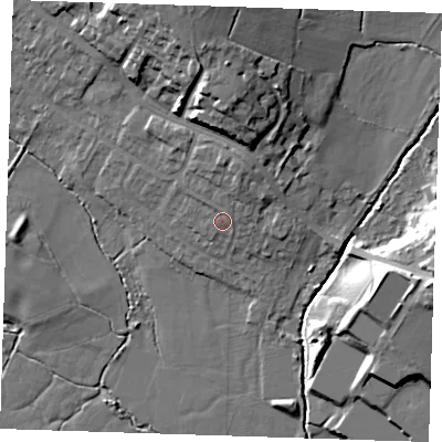 Shaded relief map of the ground around TN103AS, computed from Environment Agency LiDAR. The ground here sits at about 25 m above sea level and falls 17 m across the surrounding 800 m. Surface water reaching this point runs off ground lying to the north-east, 0.6 m higher.