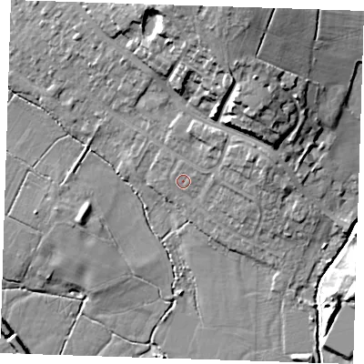 Shaded relief map of the ground around TN103AT, computed from Environment Agency LiDAR. The ground here sits at about 24 m above sea level and falls 16 m across the surrounding 800 m. Surface water reaching this point runs off ground lying to the east-north-east, 1.9 m higher.