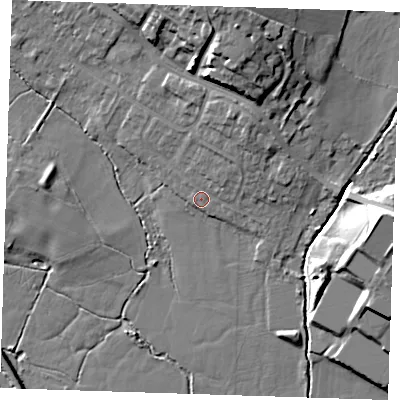 Shaded relief map of the ground around TN103AU, computed from Environment Agency LiDAR. The ground here sits at about 24 m above sea level and falls 15 m across the surrounding 800 m. Surface water reaching this point runs off ground lying to the north-east, 1.7 m higher.