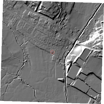 Shaded relief map of the ground around TN103AX, computed from Environment Agency LiDAR. The ground here sits at about 24 m above sea level and falls 18 m across the surrounding 800 m. Surface water reaching this point runs off ground lying to the north, 5.4 m higher.