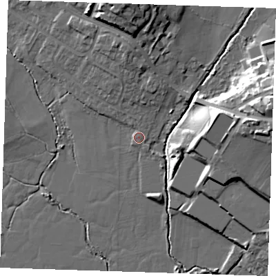 Shaded relief map of the ground around TN103BE, computed from Environment Agency LiDAR. The ground here sits at about 23 m above sea level and falls 19 m across the surrounding 800 m. Surface water reaching this point runs off ground lying to the north, 5.6 m higher.
