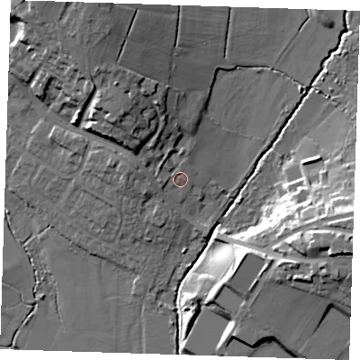 Shaded relief map of the ground around TN103DA, computed from Environment Agency LiDAR. The ground here sits at about 26 m above sea level and falls 20 m across the surrounding 800 m. Surface water reaching this point runs off ground lying to the north-north-west, 9.2 m higher.