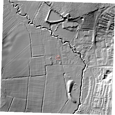 Shaded relief map of the ground around TN103JF, computed from Environment Agency LiDAR. The ground here sits at about 26 m above sea level and falls 28 m across the surrounding 800 m. Surface water reaching this point runs off ground lying to the west, 9.8 m higher.