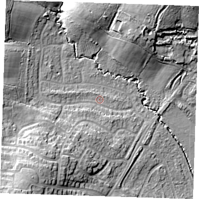 Shaded relief map of the ground around TN103QU, computed from Environment Agency LiDAR. The ground here sits at about 32 m above sea level and falls 23 m across the surrounding 800 m. Surface water reaching this point runs off ground lying to the south-west, 14.7 m higher.