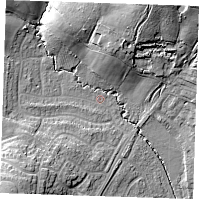 Shaded relief map of the ground around TN103RF, computed from Environment Agency LiDAR. The ground here sits at about 31 m above sea level and falls 28 m across the surrounding 800 m. Surface water reaching this point runs off ground lying to the north-west, 8.5 m higher.