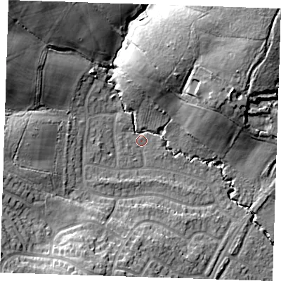 Shaded relief map of the ground around TN103RH, computed from Environment Agency LiDAR. The ground here sits at about 33 m above sea level and falls 30 m across the surrounding 800 m. Surface water reaching this point runs off ground lying to the north-east, 19.9 m higher.