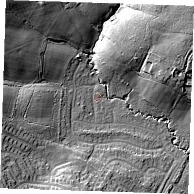 Shaded relief map of the ground around TN103RL, computed from Environment Agency LiDAR. The ground here sits at about 33 m above sea level and falls 29 m across the surrounding 800 m. Surface water reaching this point runs off ground lying to the west-north-west, 18.1 m higher.