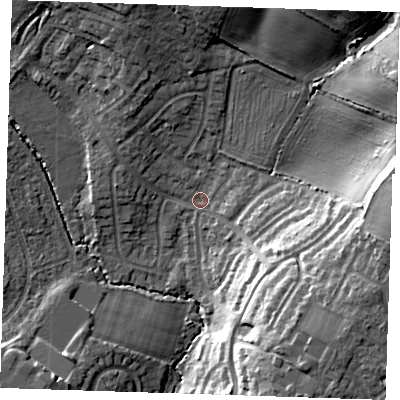 Shaded relief map of the ground around TN104AS, computed from Environment Agency LiDAR. The ground here sits at about 28 m above sea level and falls 21 m across the surrounding 800 m. Surface water reaching this point runs off ground lying to the east-south-east, 17.0 m higher.