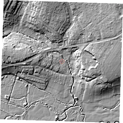 Shaded relief map of the ground around TN104EU, computed from Environment Agency LiDAR. The ground here sits at about 22 m above sea level and falls 17 m across the surrounding 800 m. Surface water reaching this point runs off ground lying to the north-west, 15.6 m higher.
