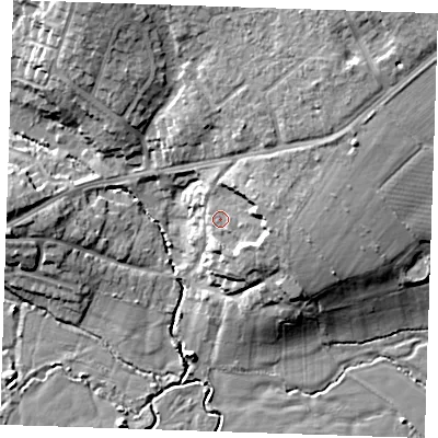 Shaded relief map of the ground around TN104EX, computed from Environment Agency LiDAR. The ground here sits at about 27 m above sea level and falls 17 m across the surrounding 800 m. Surface water reaching this point runs off ground lying to the east-south-east, 4.1 m higher.