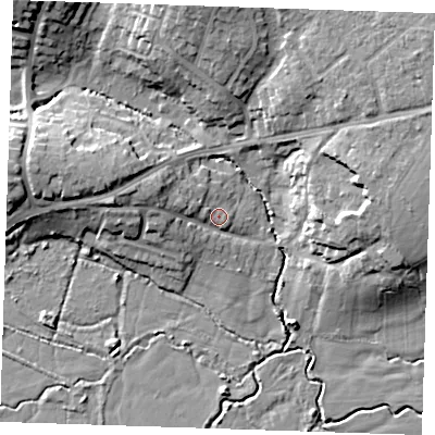 Shaded relief map of the ground around TN104EY, computed from Environment Agency LiDAR. The ground here sits at about 23 m above sea level and falls 16 m across the surrounding 800 m. Surface water reaching this point runs off ground lying to the west-north-west, 6.4 m higher.