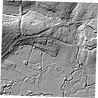 Shaded relief map of the ground around TN104HA, computed from Environment Agency LiDAR. The ground here sits at about 22 m above sea level and falls 15 m across the surrounding 800 m. Surface water reaching this point runs off ground lying to the north-north-west, 8.4 m higher.