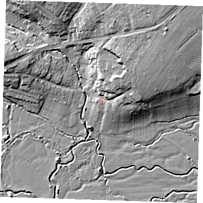 Shaded relief map of the ground around TN104HB, computed from Environment Agency LiDAR. The ground here sits at about 23 m above sea level and falls 15 m across the surrounding 800 m. Surface water reaching this point runs off ground lying to the north-east, 8.9 m higher.