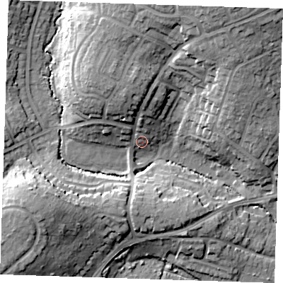 Shaded relief map of the ground around TN104JB, computed from Environment Agency LiDAR. The ground here sits at about 25 m above sea level and falls 23 m across the surrounding 800 m. Surface water reaching this point runs off ground lying to the north, 11.8 m higher.