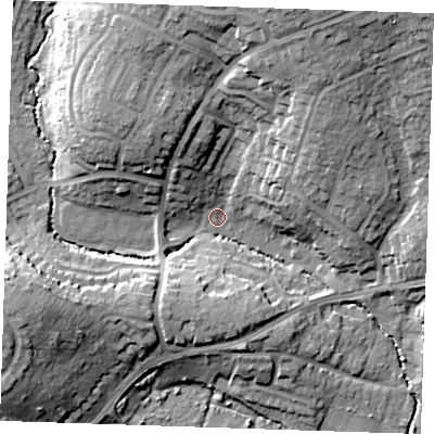 Shaded relief map of the ground around TN104JL, computed from Environment Agency LiDAR. The ground here sits at about 22 m above sea level and falls 22 m across the surrounding 800 m. Surface water reaching this point runs off ground lying to the north-north-east, 20.4 m higher.