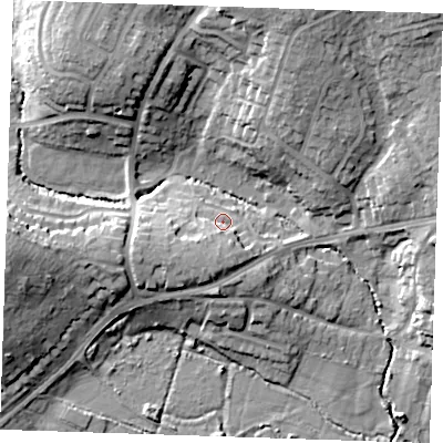 Shaded relief map of the ground around TN104JR, computed from Environment Agency LiDAR. The ground here sits at about 25 m above sea level and falls 19 m across the surrounding 800 m. Surface water reaching this point runs off ground lying to the south-west, 6.6 m higher.