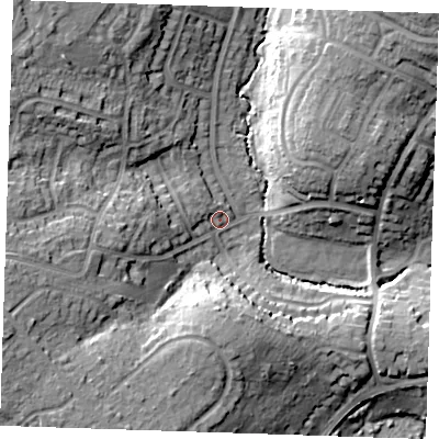 Shaded relief map of the ground around TN104PD, computed from Environment Agency LiDAR. The ground here sits at about 26 m above sea level and falls 22 m across the surrounding 800 m. Surface water reaching this point runs off ground lying to the west-south-west, 11.0 m higher.