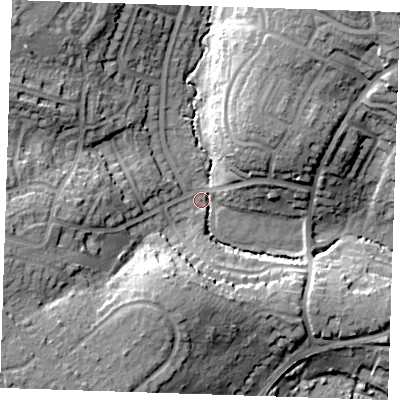 Shaded relief map of the ground around TN104PE, computed from Environment Agency LiDAR. The ground here sits at about 24 m above sea level and falls 22 m across the surrounding 800 m. Surface water reaching this point runs off ground lying to the north-west, 17.7 m higher.