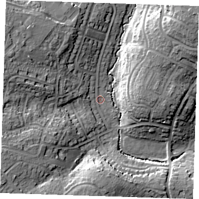 Shaded relief map of the ground around TN104QS, computed from Environment Agency LiDAR. The ground here sits at about 25 m above sea level and falls 22 m across the surrounding 800 m. Surface water reaching this point runs off ground lying to the west-north-west, 14.9 m higher.