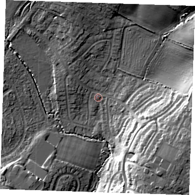 Shaded relief map of the ground around TN104RE, computed from Environment Agency LiDAR. The ground here sits at about 28 m above sea level and falls 20 m across the surrounding 800 m. Surface water reaching this point runs off ground lying to the east-south-east, 17.0 m higher.