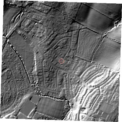 Shaded relief map of the ground around TN104RS, computed from Environment Agency LiDAR. The ground here sits at about 29 m above sea level and falls 21 m across the surrounding 800 m. Surface water reaching this point runs off ground lying to the north-north-east, 15.0 m higher.