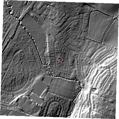 Shaded relief map of the ground around TN104SA, computed from Environment Agency LiDAR. The ground here sits at about 28 m above sea level and falls 20 m across the surrounding 800 m. Surface water reaching this point runs off ground lying to the north, 1.5 m higher.