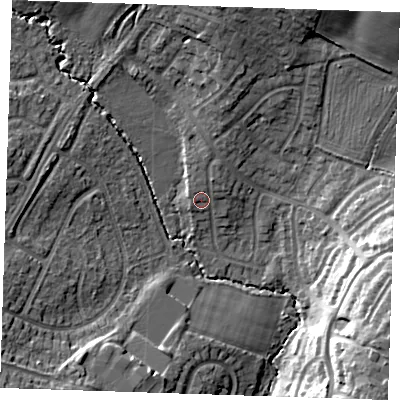 Shaded relief map of the ground around TN104SB, computed from Environment Agency LiDAR. The ground here sits at about 29 m above sea level and falls 19 m across the surrounding 800 m. Surface water reaching this point runs off ground lying to the north, 1.9 m higher.