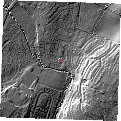 Shaded relief map of the ground around TN104SD, computed from Environment Agency LiDAR. The ground here sits at about 27 m above sea level and falls 21 m across the surrounding 800 m. Surface water reaching this point runs off ground lying to the east-south-east, 18.1 m higher.