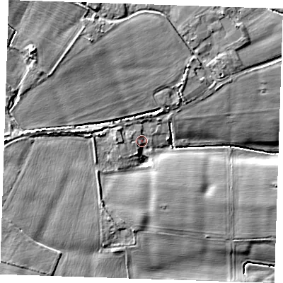 Shaded relief map of the ground around TN110AJ, computed from Environment Agency LiDAR. The ground here sits at about 30 m above sea level and falls 11 m across the surrounding 800 m. Surface water reaching this point runs off ground lying to the west, 6.2 m higher.