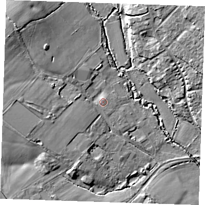 Shaded relief map of the ground around TN110AL, computed from Environment Agency LiDAR. The ground here sits at about 28 m above sea level and falls 14 m across the surrounding 800 m. Surface water reaching this point runs off ground lying to the west-south-west, 0.5 m higher.