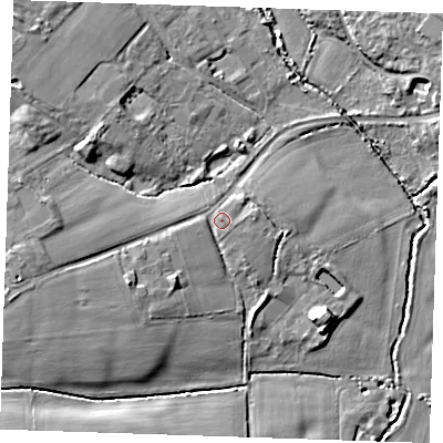 Shaded relief map of the ground around TN110AT, computed from Environment Agency LiDAR. The ground here sits at about 28 m above sea level and falls 11 m across the surrounding 800 m. Surface water reaching this point runs off ground lying to the west-south-west, 1.4 m higher.