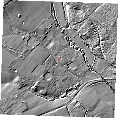 Shaded relief map of the ground around TN110AU, computed from Environment Agency LiDAR. The ground here sits at about 27 m above sea level and falls 14 m across the surrounding 800 m. Surface water reaching this point runs off ground lying to the north-west, 0.9 m higher.