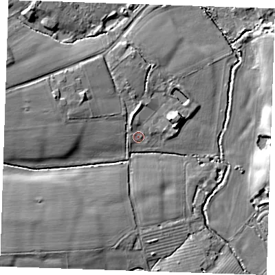 Shaded relief map of the ground around TN110AX, computed from Environment Agency LiDAR. The ground here sits at about 25 m above sea level and falls 10 m across the surrounding 800 m. Surface water reaching this point runs off ground lying to the west-north-west, 5.8 m higher.