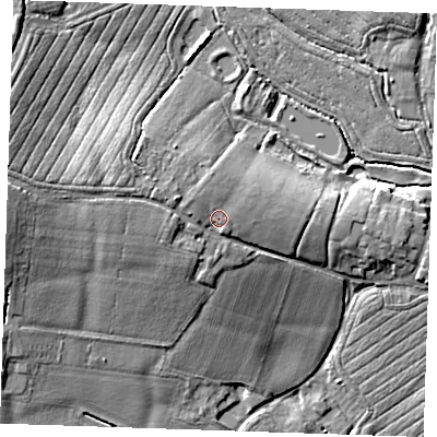 Shaded relief map of the ground around TN110BA, computed from Environment Agency LiDAR. The ground here sits at about 26 m above sea level and falls 14 m across the surrounding 800 m. Surface water reaching this point runs off ground lying to the west-north-west, 1.7 m higher.