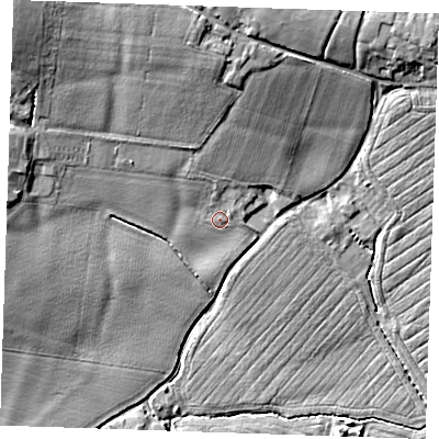 Shaded relief map of the ground around TN110BL, computed from Environment Agency LiDAR. The ground here sits at about 20 m above sea level and falls 15 m across the surrounding 800 m. Surface water reaching this point runs off ground lying to the north-west, 2.2 m higher.