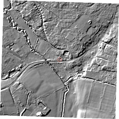 Shaded relief map of the ground around TN110DZ, computed from Environment Agency LiDAR. The ground here sits at about 26 m above sea level and falls 11 m across the surrounding 800 m. Surface water reaching this point runs off ground lying to the north-east, 5.3 m higher.